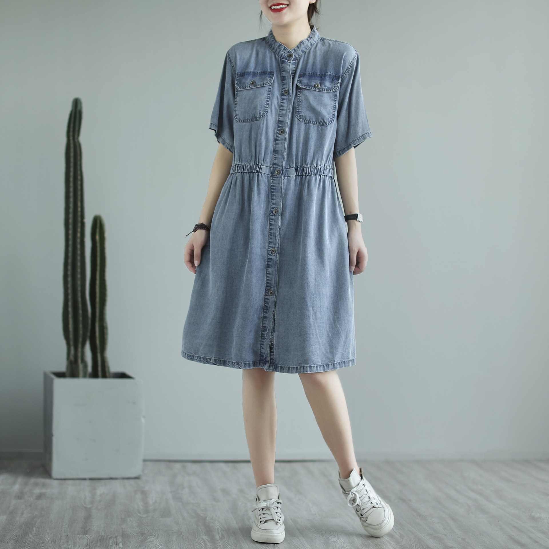 夏装新款韩版松紧腰牛仔短袖中长款衬衫连衣裙女-阿里巴巴