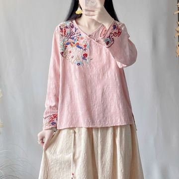 春秋棉麻提花长袖斜襟盘扣绣花衬衫宽松休闲民族风棉质套头上衣女