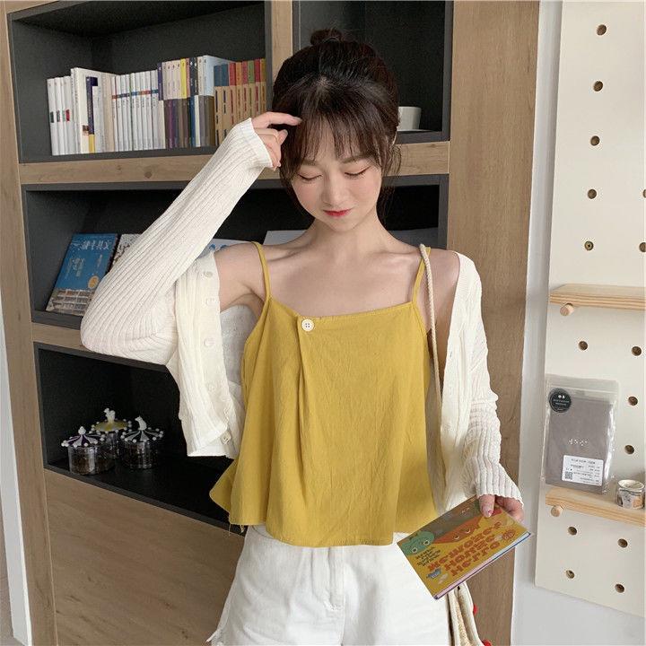 韩版前后纽扣短款吊带背心女2022夏季小清新外穿简约内搭上衣