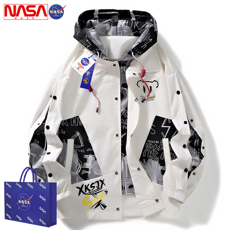 NASA New Men's Spring and Autumn Casual Jacket Youth Hong Kong Style Trendy Brand Fake Two-Piece Hooded Jacket Men's Jacket