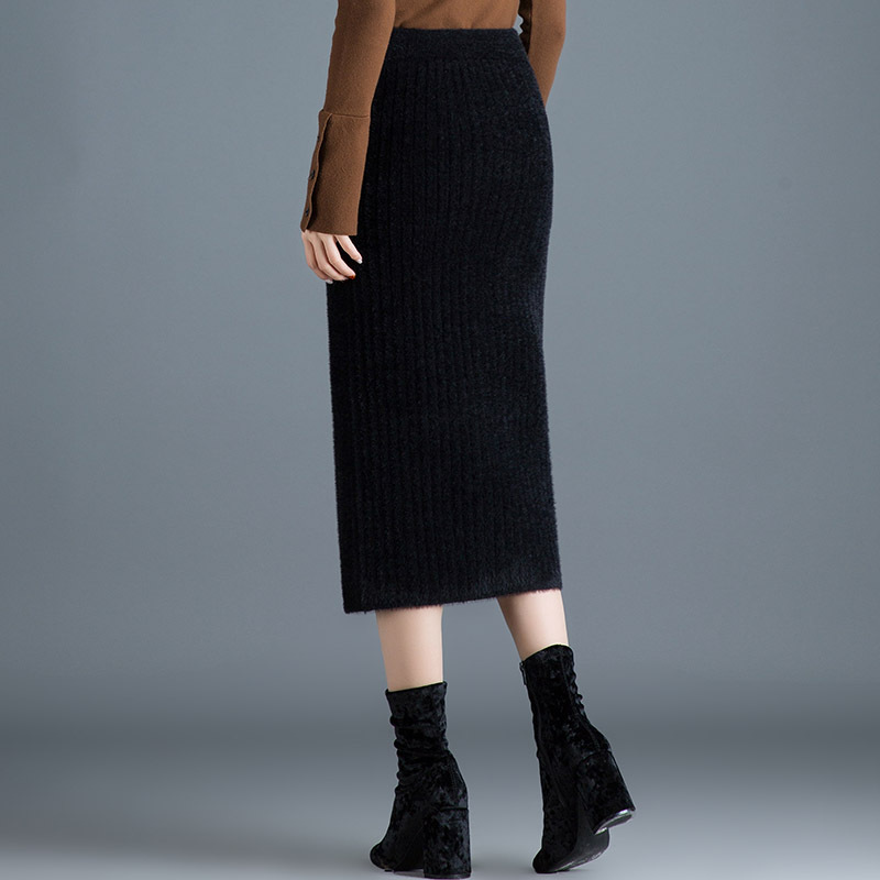 水貂绒半身裙针织毛线裙女秋冬新款厚款高腰中长款一步包臀裙冬裙