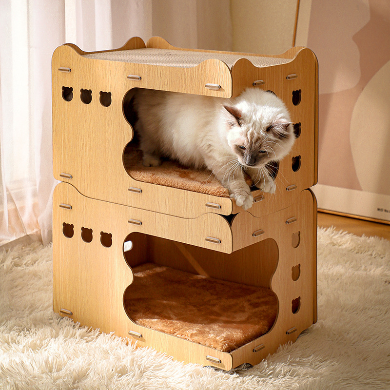 Wooden Cat House Corrugated Paper Cat Scratch Board Detachable Wear-Resistant Non-Chip Vertical Double-Layer Overlay Cat Nest Can Set Specifications