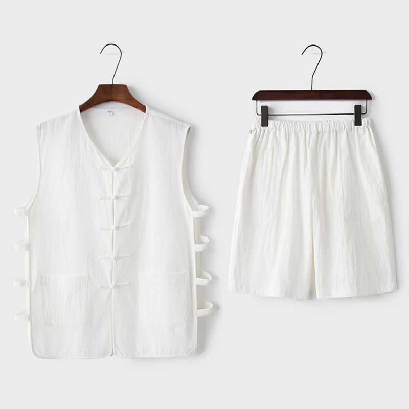 夏季薄款棉麻中国风唐装男马甲马褂复古汉服老头衫中式套装居士服