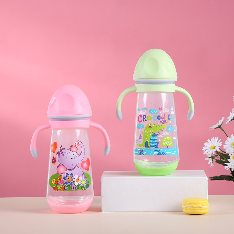 New Cartoon Pp Bottle with Handle Anti-Fall Bite-Resistant Silicone Nipple Bottle Newborn Choke Proof Anti-Flatulence Baby Bottle