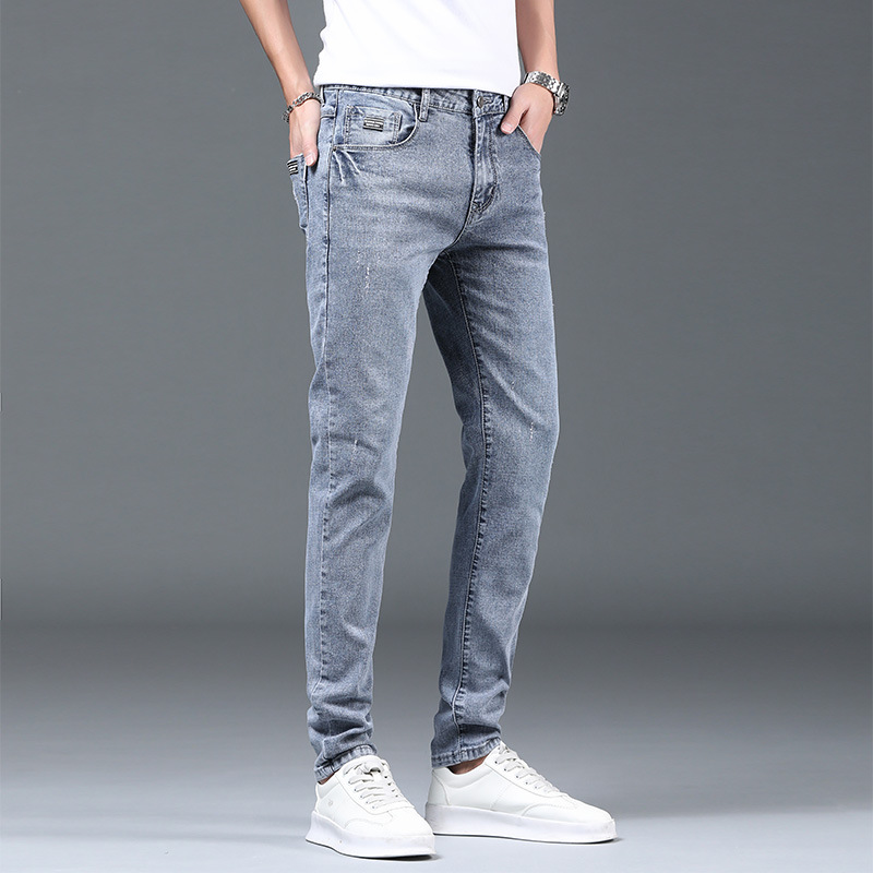 Summer Light Color Thin Slim Jeans Men's Cropped Ripped Ankle-Tied Pants Men Fashion Brands Trendy Long Pants Men