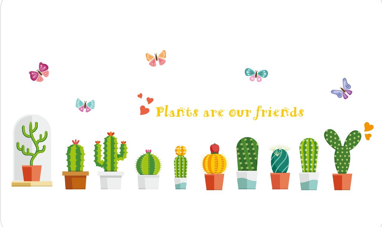 zy287蝴蝶盆栽绿色植物仙人掌花盆墙贴卧室书房踢脚线墙贴画