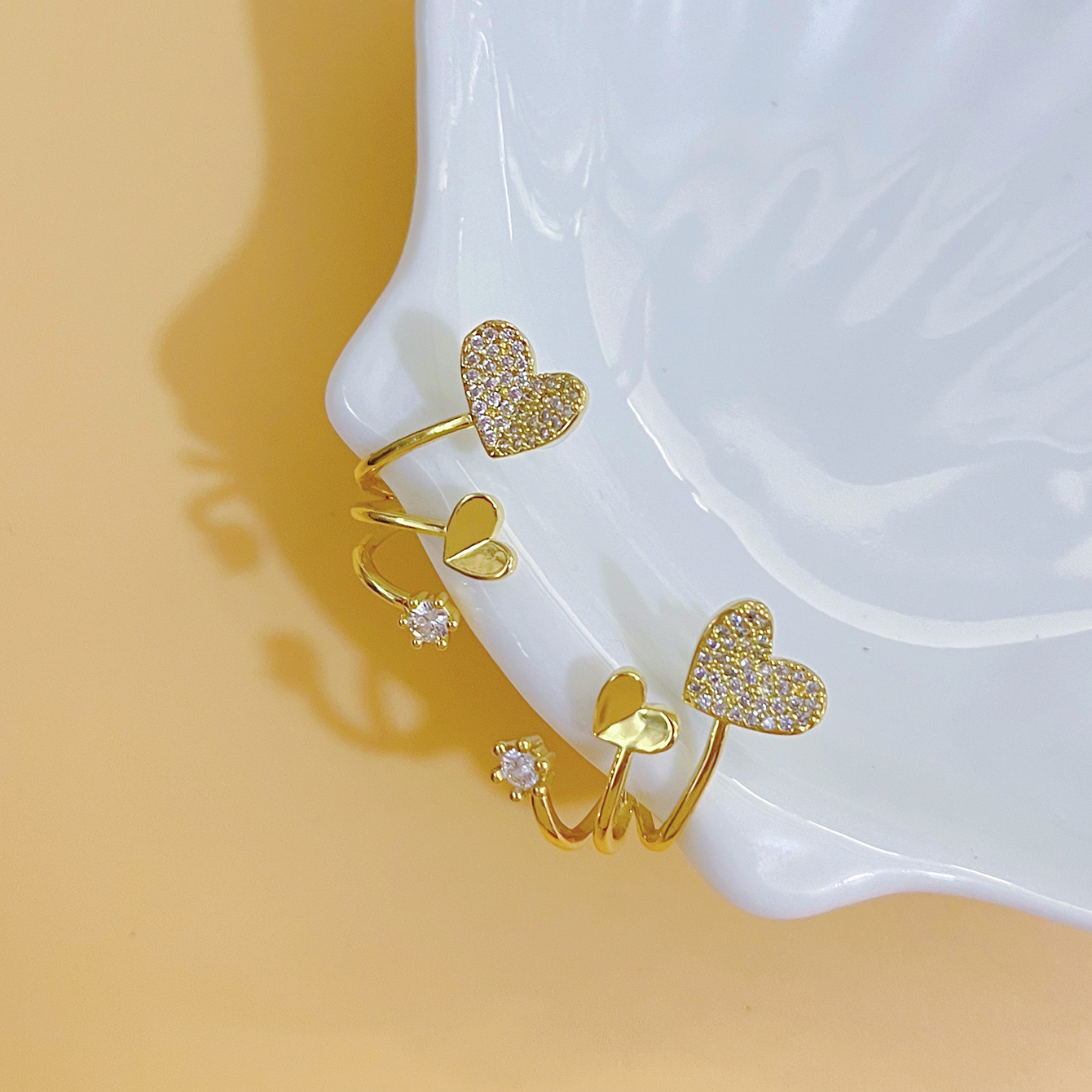 真金电镀925银针微镶锆石 小巧爱心耳环气质双桃心设计感耳钉批发
