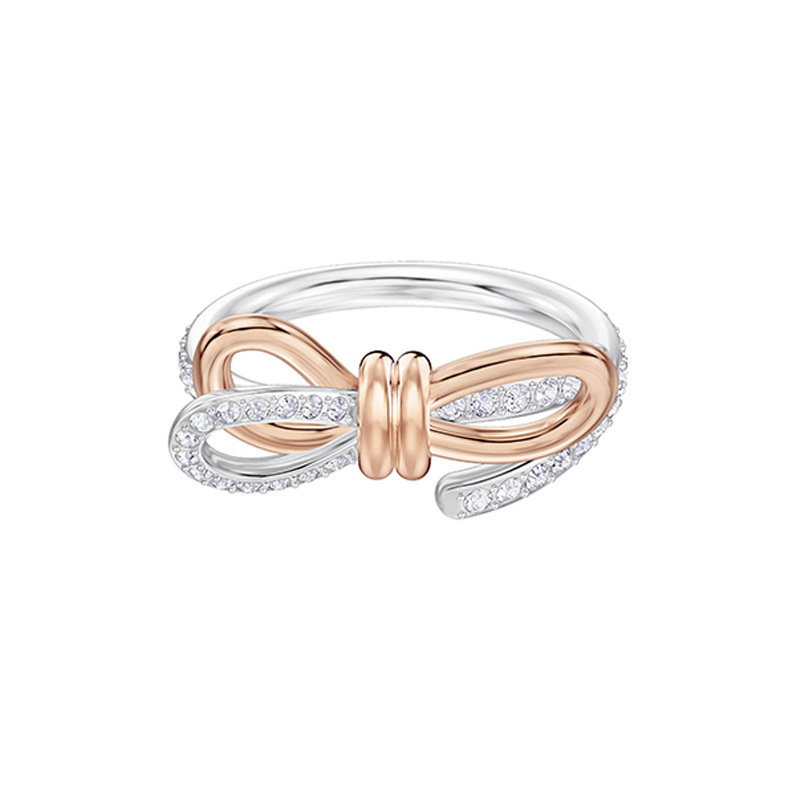 施家1:1对版玫瑰金双色蝴蝶结戒指女施华洛元素水晶指环女代发