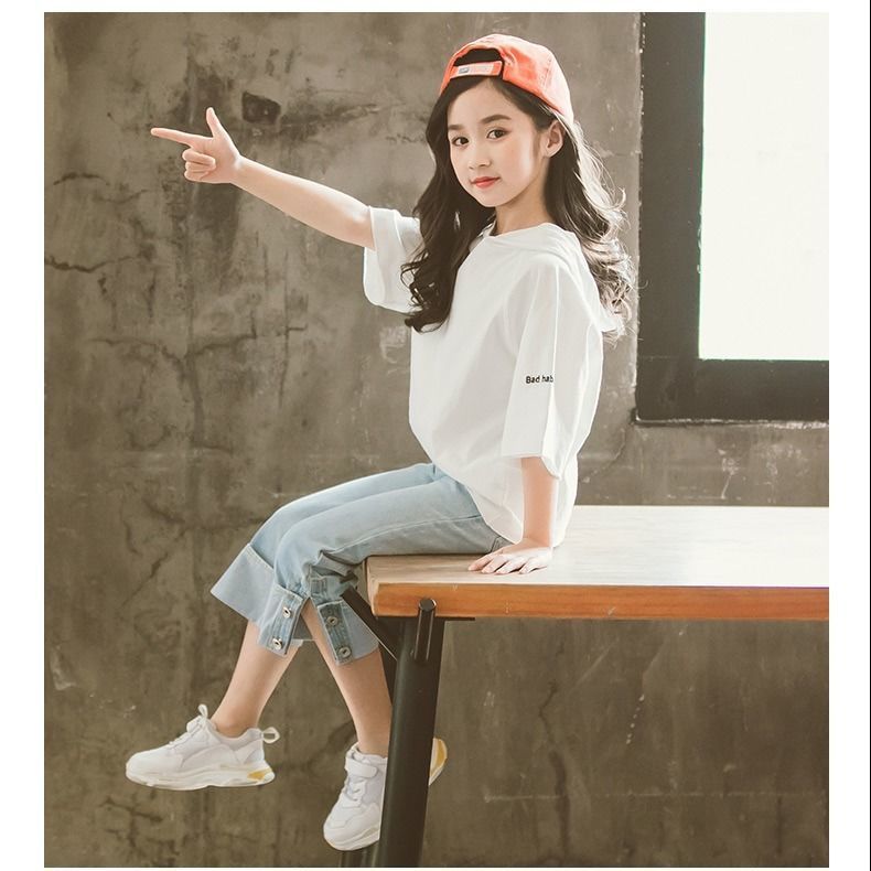 童装女童夏装套装13岁女孩衣服小学生儿童夏季牛仔阔腿裤两件套12