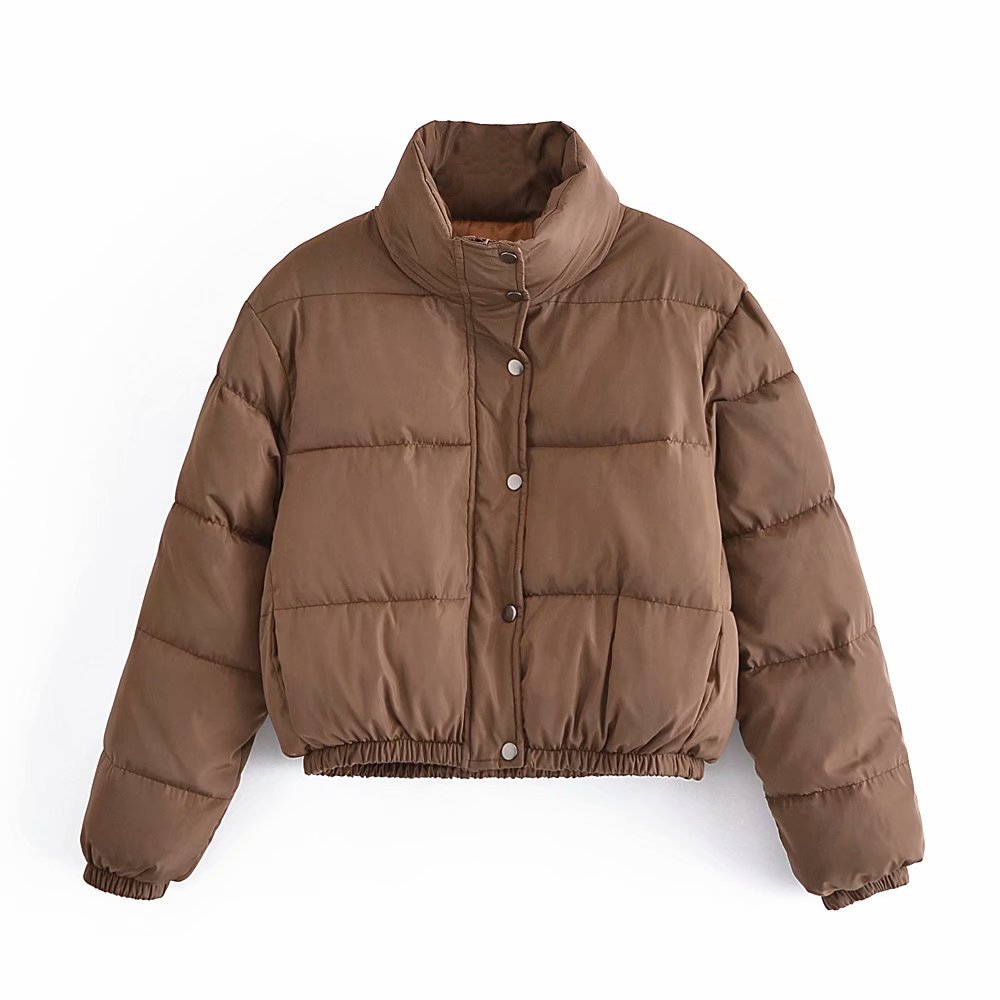 女装批发欧美风  纯色宽松短款丝光高领棉衣外套