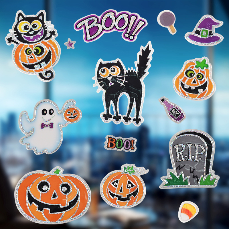 Halloween Decorative Window Paper Cuts Atmosphere Layout Pumpkin Glass Fluorescent Static Sticker Window Stickers Cartoon Decorative Stickers Wholesale