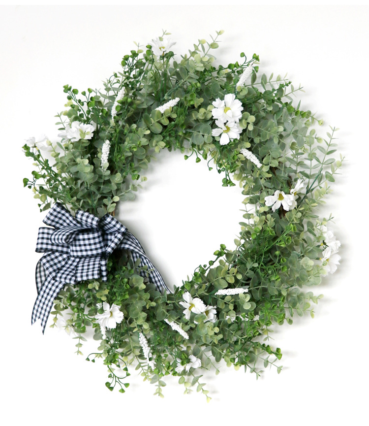 森系尤加利叶花环仿真雏菊家居庭院门饰墙壁挂饰花圈亚马逊工厂店