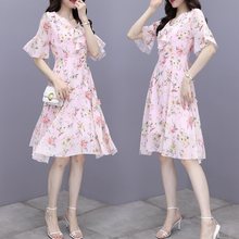 2021夏装新款韩版气质仙女超仙雪纺印花裙收腰显瘦中长款连衣裙女