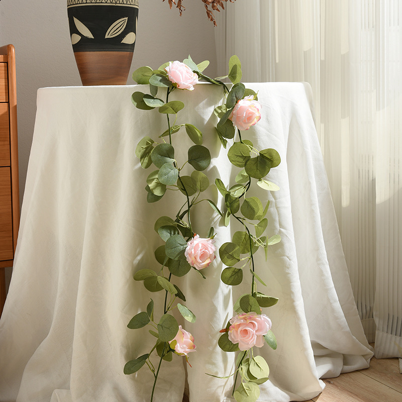 spring white raw silk fake flower decoration wall hanging winding hanafuji eucalyptus vine high simulation french rose rattan