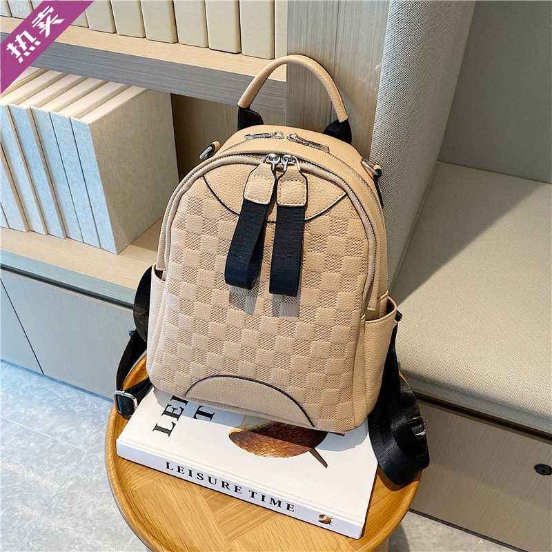 SOURCE Manufacturer Chessboard Plaid Soft Leather Backpack Women's New Versatile High Quality Solid Color Bag Korean Style Western Style Leisure