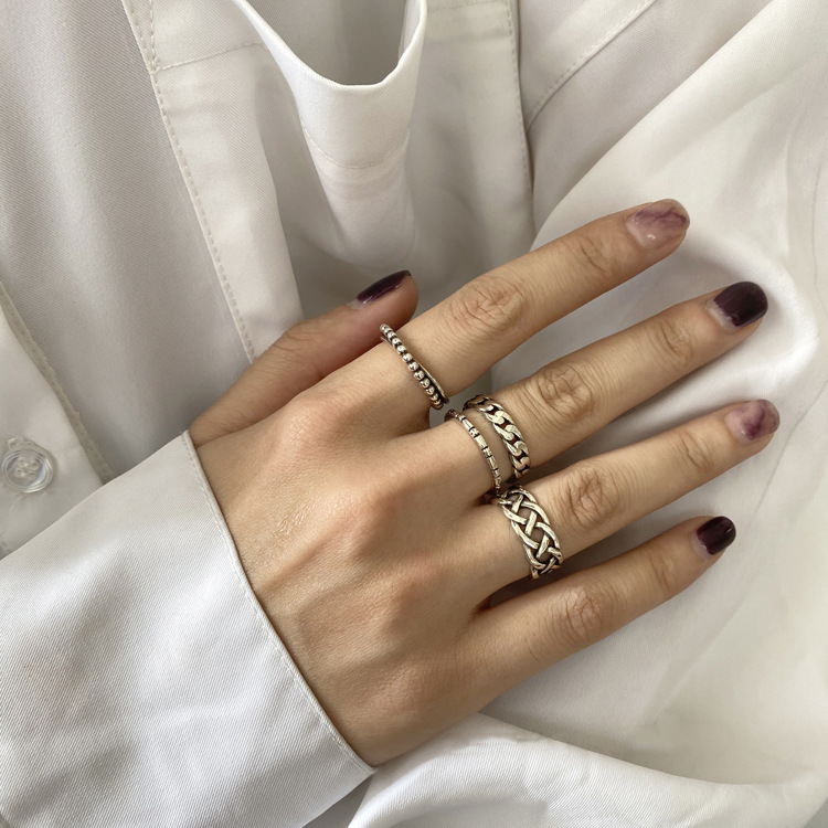 日韩复古叠戴组合戒指女925银ins个性简约嘻哈蹦迪开口食指环潮