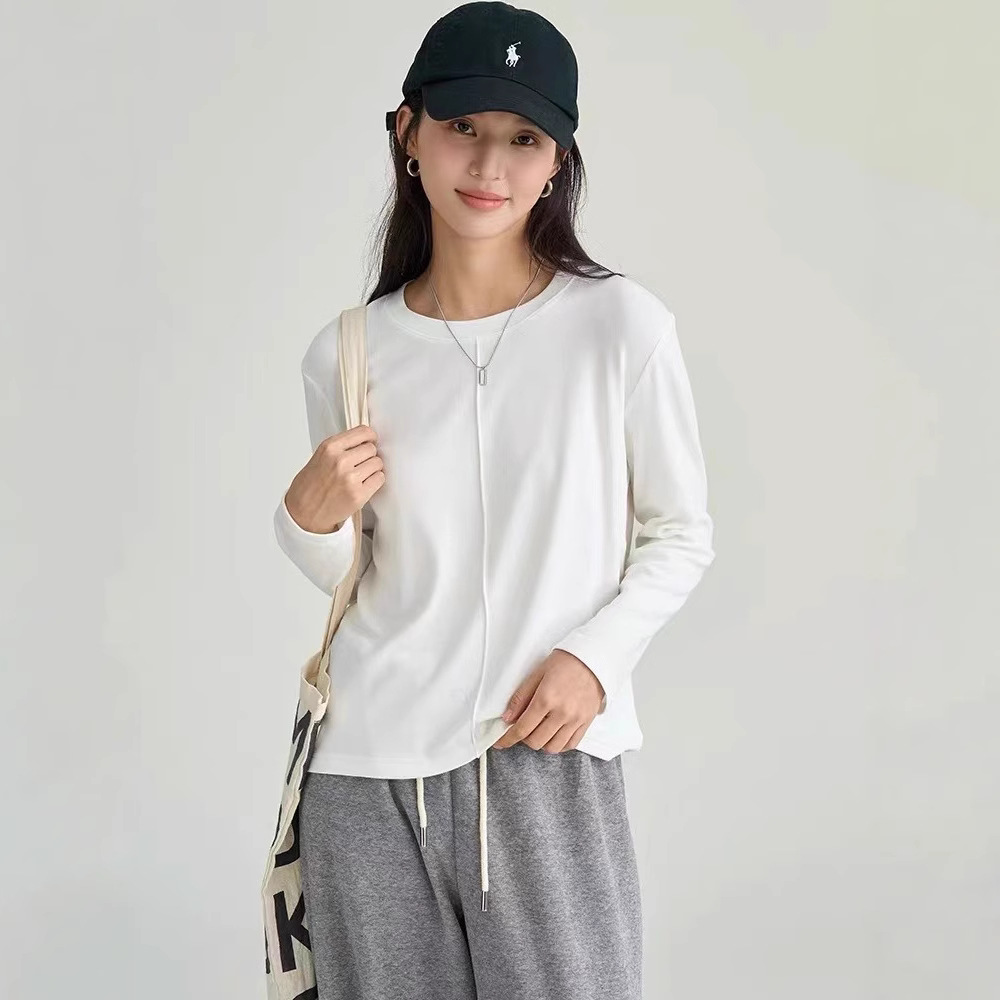 长袖t恤女 2024秋新款韩版宽松休闲圆领棉质套头打底衫上衣-阿里巴巴