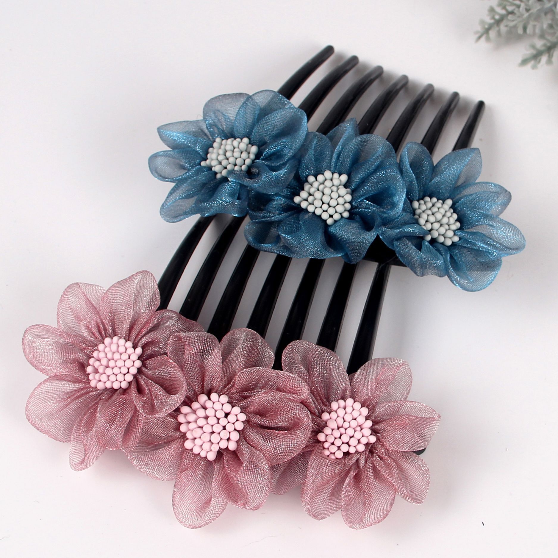 韩国头饰女花朵发卡发插七齿盘发丸子头插梳简约古风防滑发叉