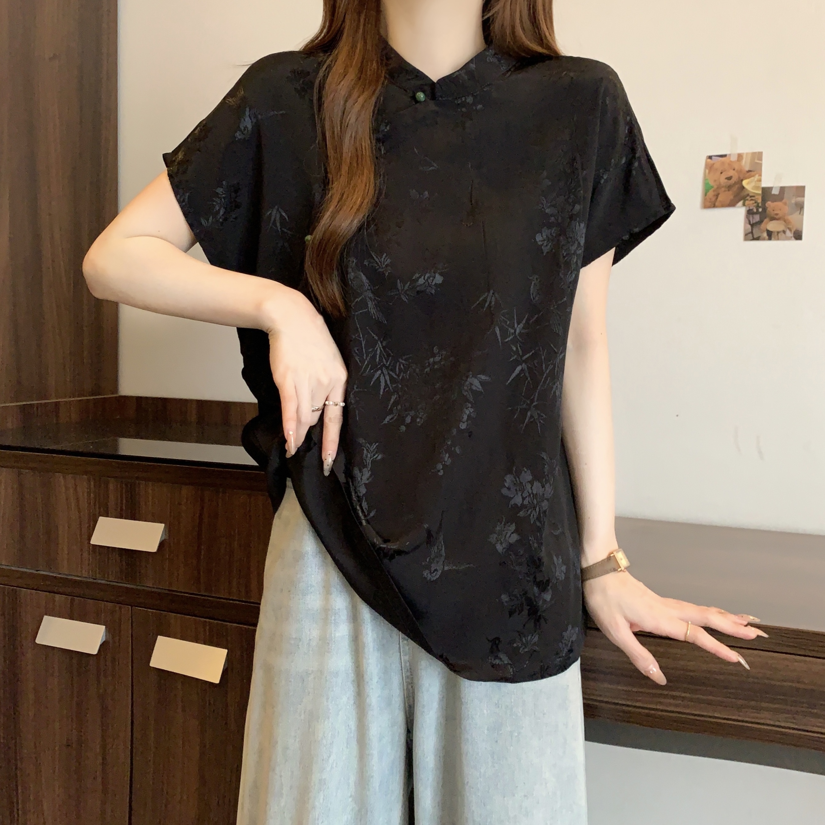 感醋酸提花短袖t恤女夏大码胖mm国风遮肚小衫新中式冰丝上衣-阿里巴巴