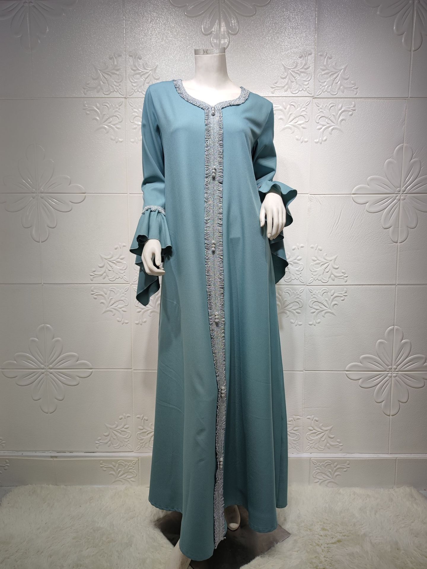 Ab027 Factory Cross-Border Middle East Malay Ruffle Sleeve Golden Embroidery Lace Dress Jalabiya Muslim Female