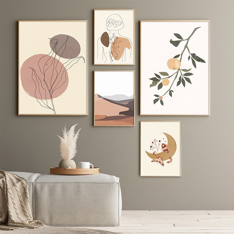 现代简约抽象线条人物莫兰迪艺术山川月亮五联客厅装饰画图片画芯