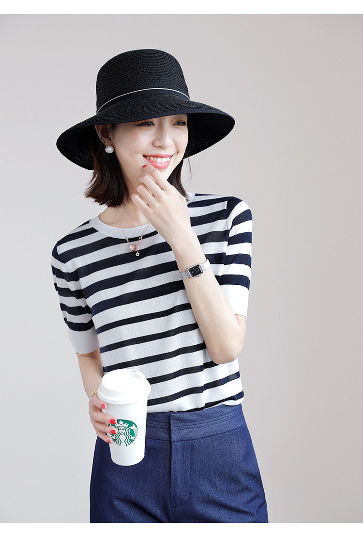 冰丝条纹短袖t恤女20夏季新款海军风宽松显瘦圆领针织衫上衣