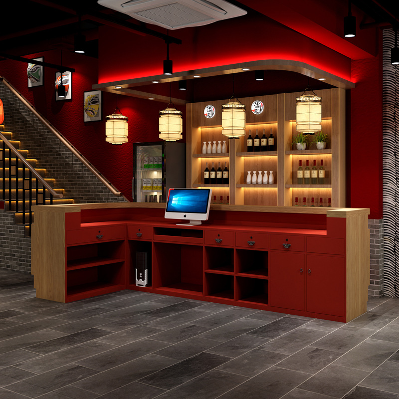 国潮风吧台收银台火锅店餐厅饭店棋牌室风前台接待台转角柜台