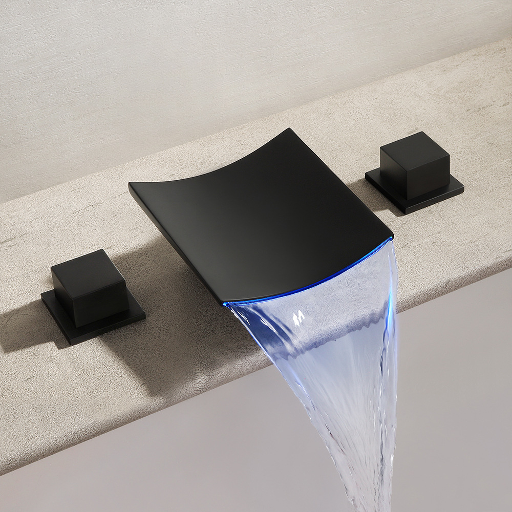 全铜led分体式面盆水龙头瀑布三孔浴室柜 冷热水洗脸盆台盆龙头