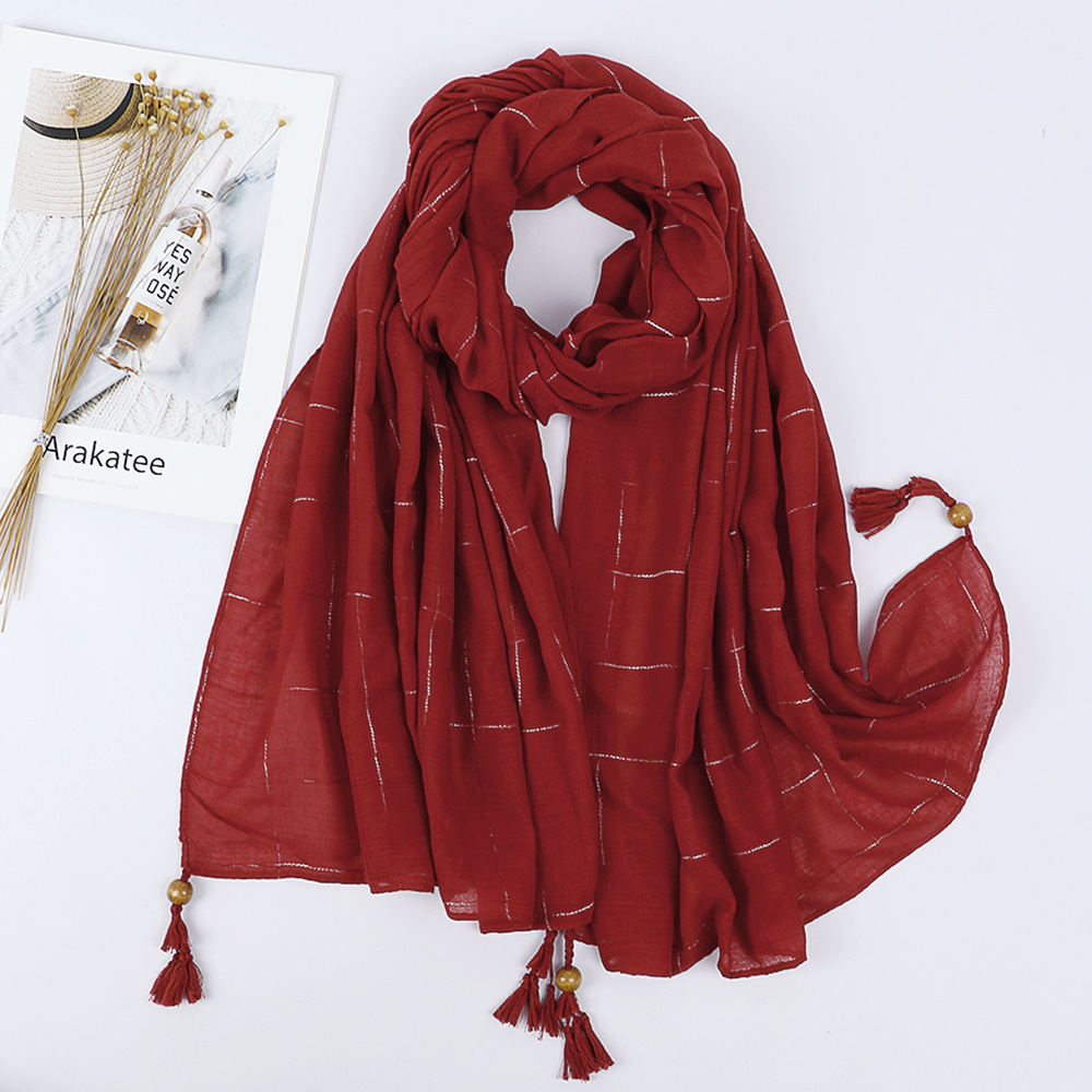 new pure color silk plaid cotton and linen scarf women‘s wooden beads decorative handmade tassel long scarf outer shawl