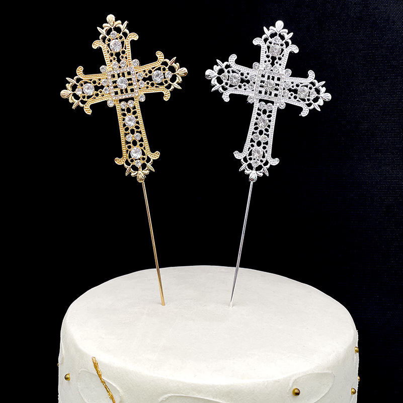跨境十字架水钻蛋糕装饰插件欧美婚礼基督复活洗礼蛋糕装扮插旗