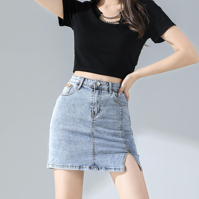 夏季女生牛仔裙半身a裙内衬防走光裙子高腰显瘦包臀牛仔短裙批发