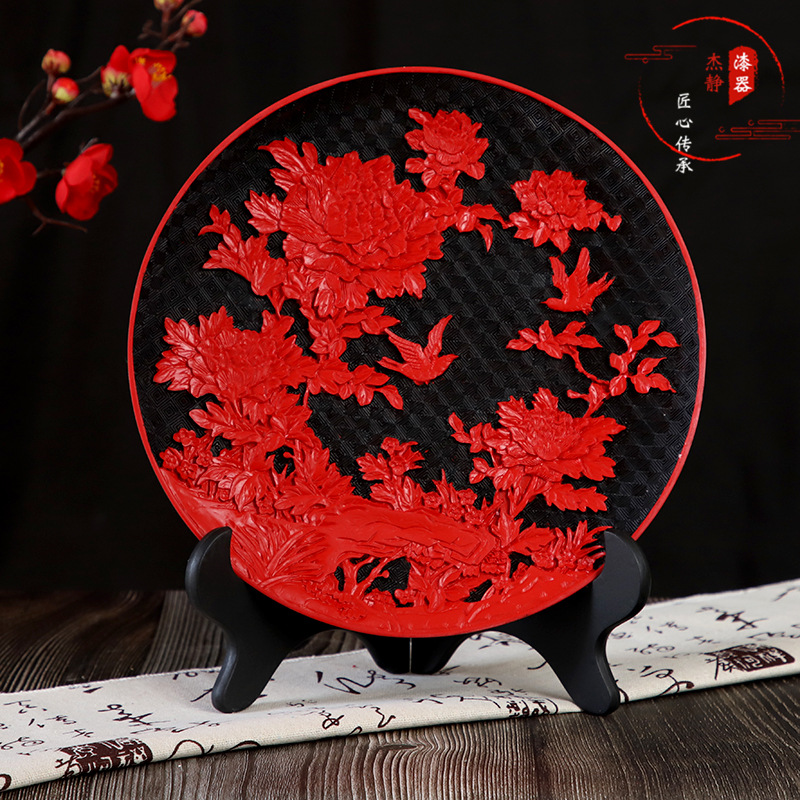 漆线雕摆盘 坐盘装饰盘 雕漆工艺盘 商务送礼品 会议礼品牡丹花卉