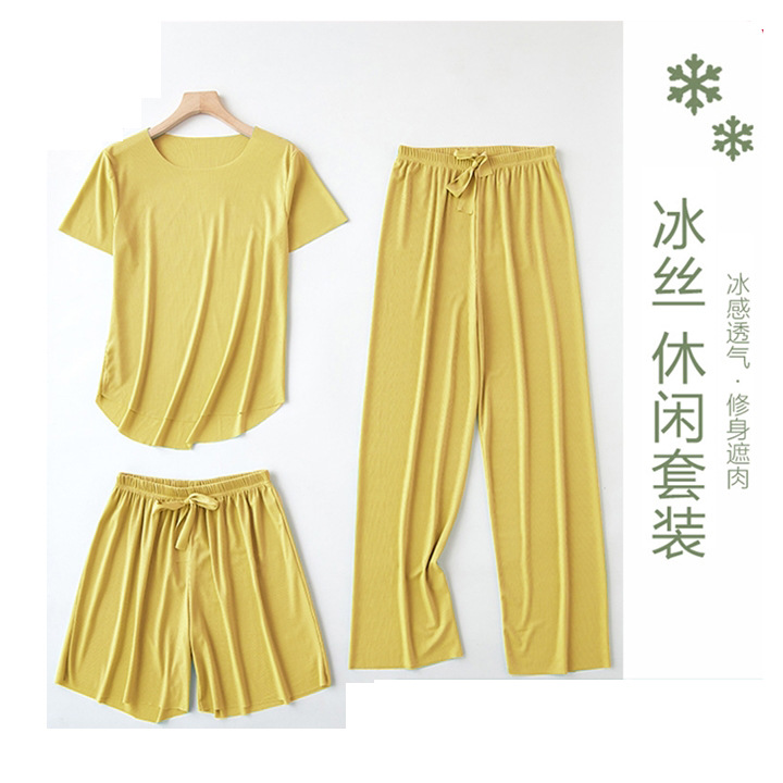 round-Neck Comfortable Pajamas Three-Piece Women's 2023 Spring and Summer New Loose Outfit Women's Casual Ice Silk Short Sleeve Homewear