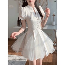 改良版白色旗袍式连衣裙女夏季新中式国风小个子高级网纱拼接裙子