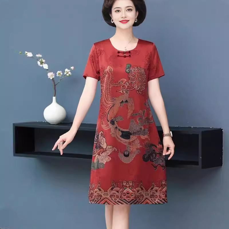 h姝中老年女装夏季短袖真丝连衣裙2024气质妈妈装遮肚显瘦直筒裙