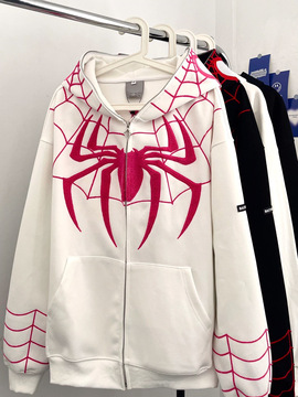 欧美外贸跨境原版做工刺绣蜘蛛侠开衫拉链连帽卫衣帽衫男女外套潮