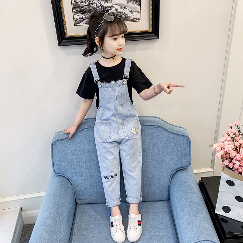 女童夏装裤子2021年新款儿童网红牛仔背带裤小学生洋气吊带裤套装