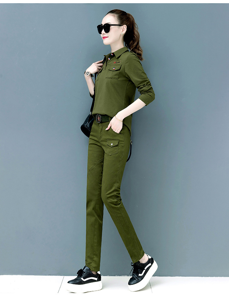 翻领长袖t迷彩服女套装春秋大码t恤户外迷彩工装裤水兵舞服两件套