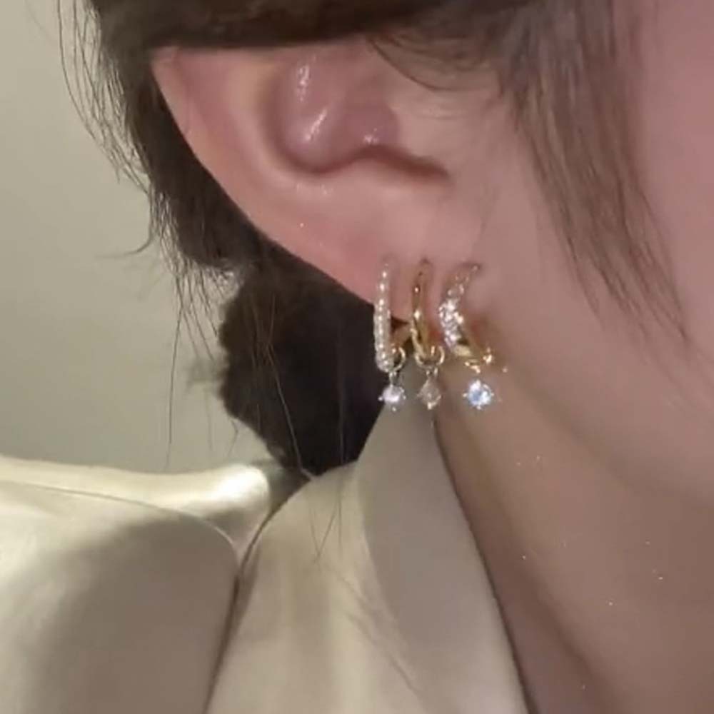 Real Gold Electroplated Silver Needle Zircon Pearl Geometric Three-Layer Earrings Korean Design Sense Exaggerated Personalized Ear Studs Earrings for Women