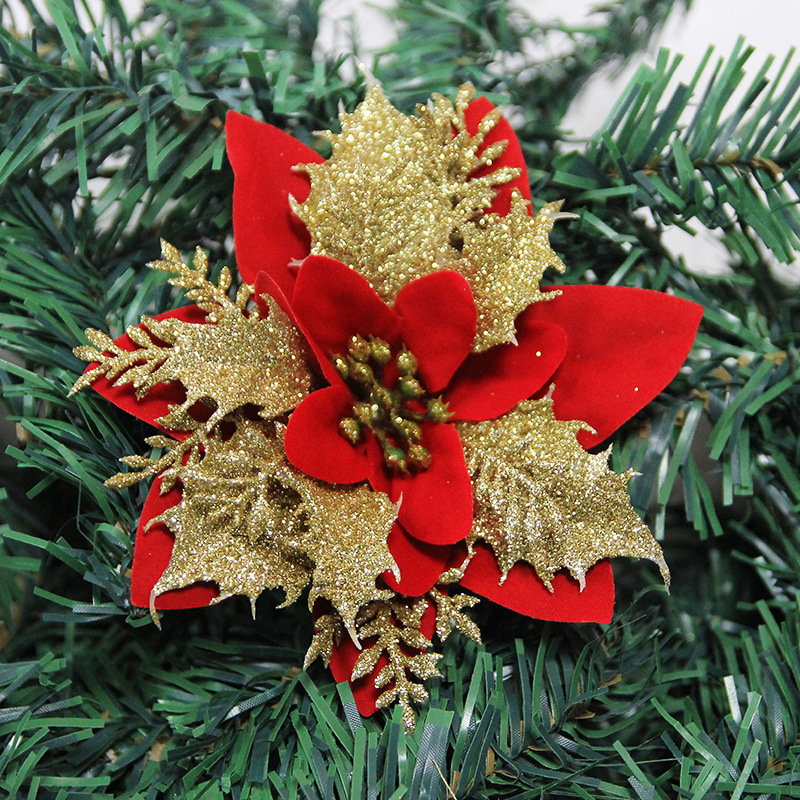 Xibao Cross-Border Artificial Flower Christmas Decorative Ornaments Gold Powder Christmas Flower Christmas Tree Garland Accessories Decorations