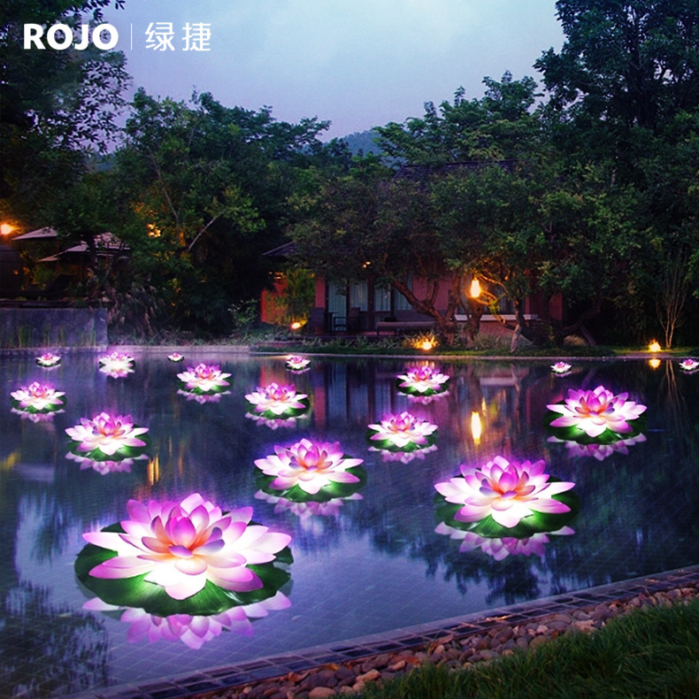 动态荷花灯户外防水景观造景装饰灯花园池塘水面漂浮太阳能莲花灯