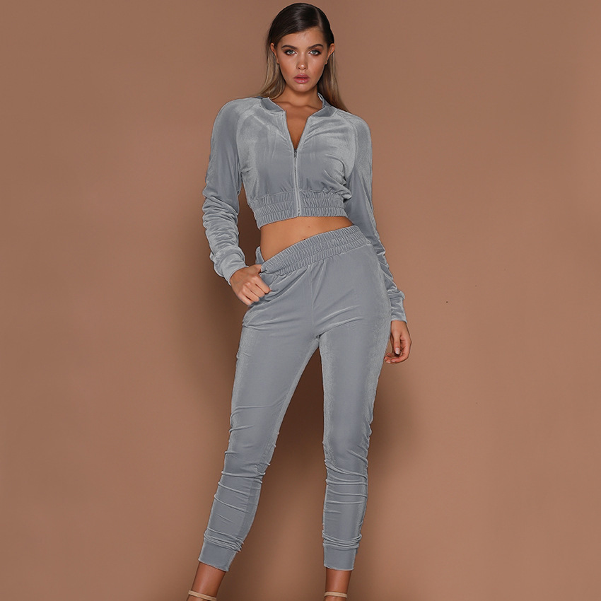 Women's New Fashion Suit Cross-Border Autumn Winter Solid Color Zipper Sweater Ankle-Tied Trousers Two-Piece Set