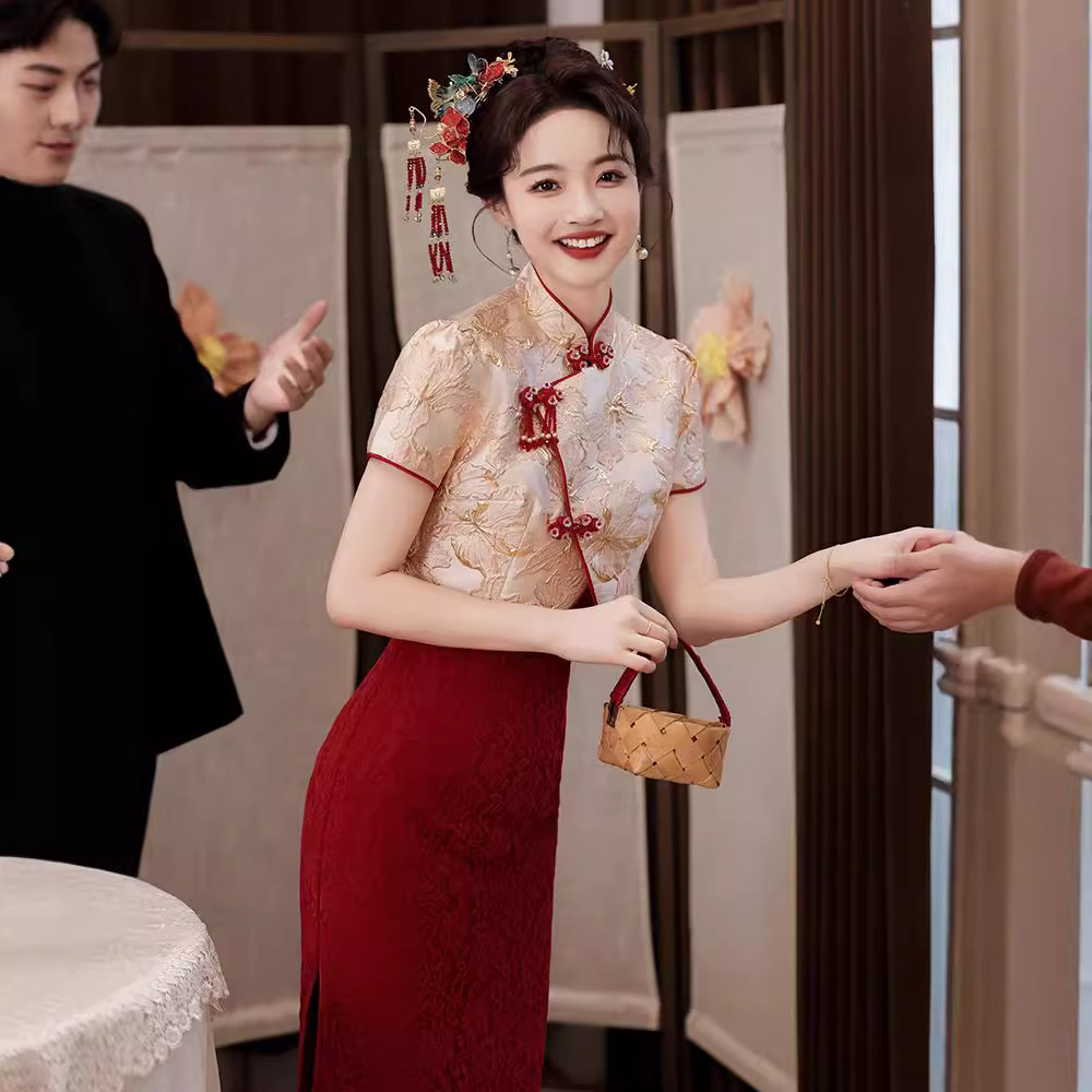 敬酒服新娘2024新款中式红色旗袍订婚礼服裙女小个子结婚便装夏季