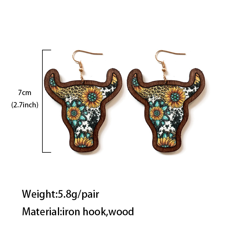 Cross-Border Western Retro Wooden Earrings Cow Head Inlaid Bohemian Style Earrings European and American Fashion Popular Ornament Supply