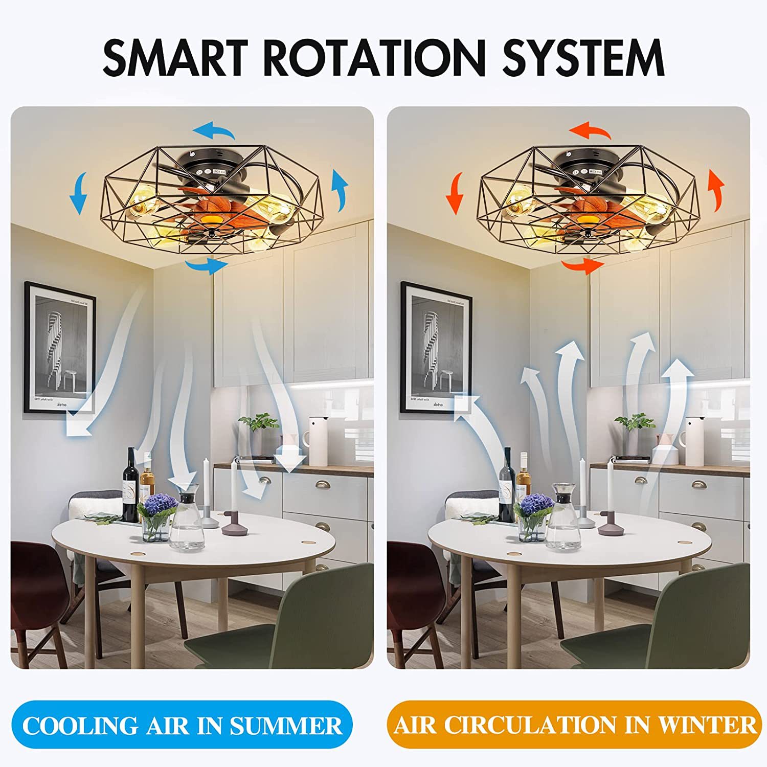 21" Caged Ceiling Fan with Light, Enclosed Bladeless Flush Mount Small Industrial Ceiling Fan with Light