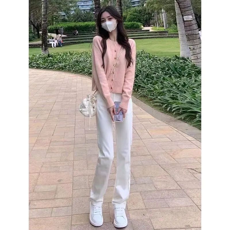 White Straight-Leg Pants Spring and Summer New Smoke Tube Straight Jeans High Waist Slimming Slim Fit Mop Trousers Women