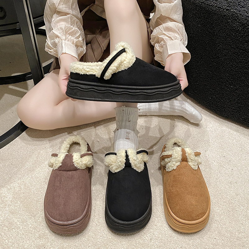 2023 New Winter Warm Fleece-Lined Ins Loafers Half Support Thick Bottom Versatile Cotton Slippers Women's Korean Style Casual Shoes