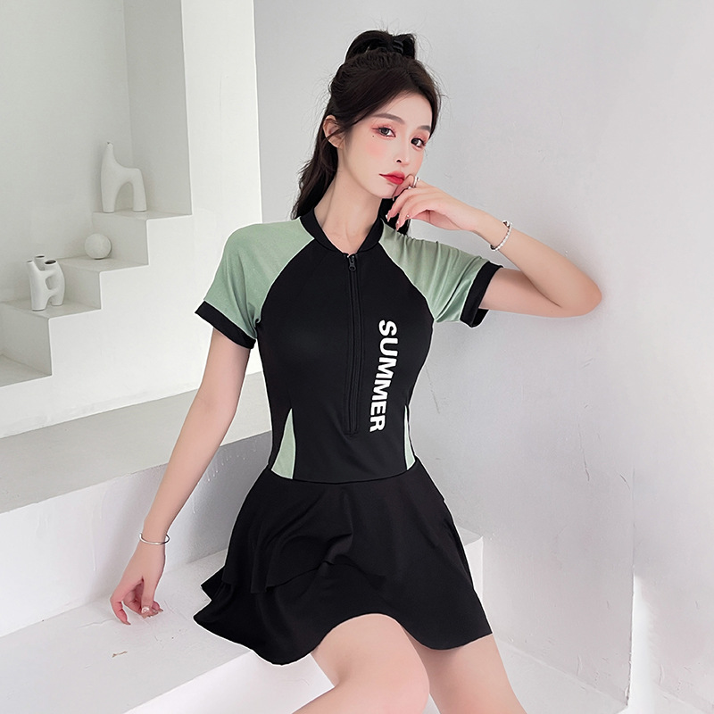 Women's Korean-Style Sports Swimsuit Siamese Conservative Covering Belly Thin Student Skirt Hot Spring 2022 New Swimwear