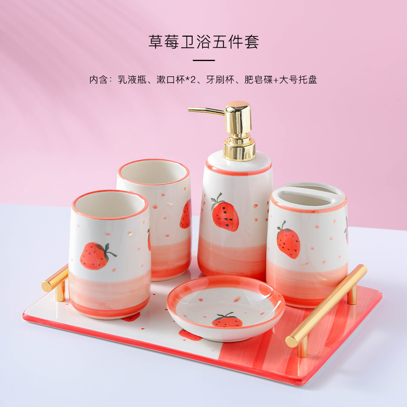 Simple Ceramic Bathroom Decoration Cute Girl Heart Bathroom Five-Piece Set Hand Painted Strawberry Wash Cup Set