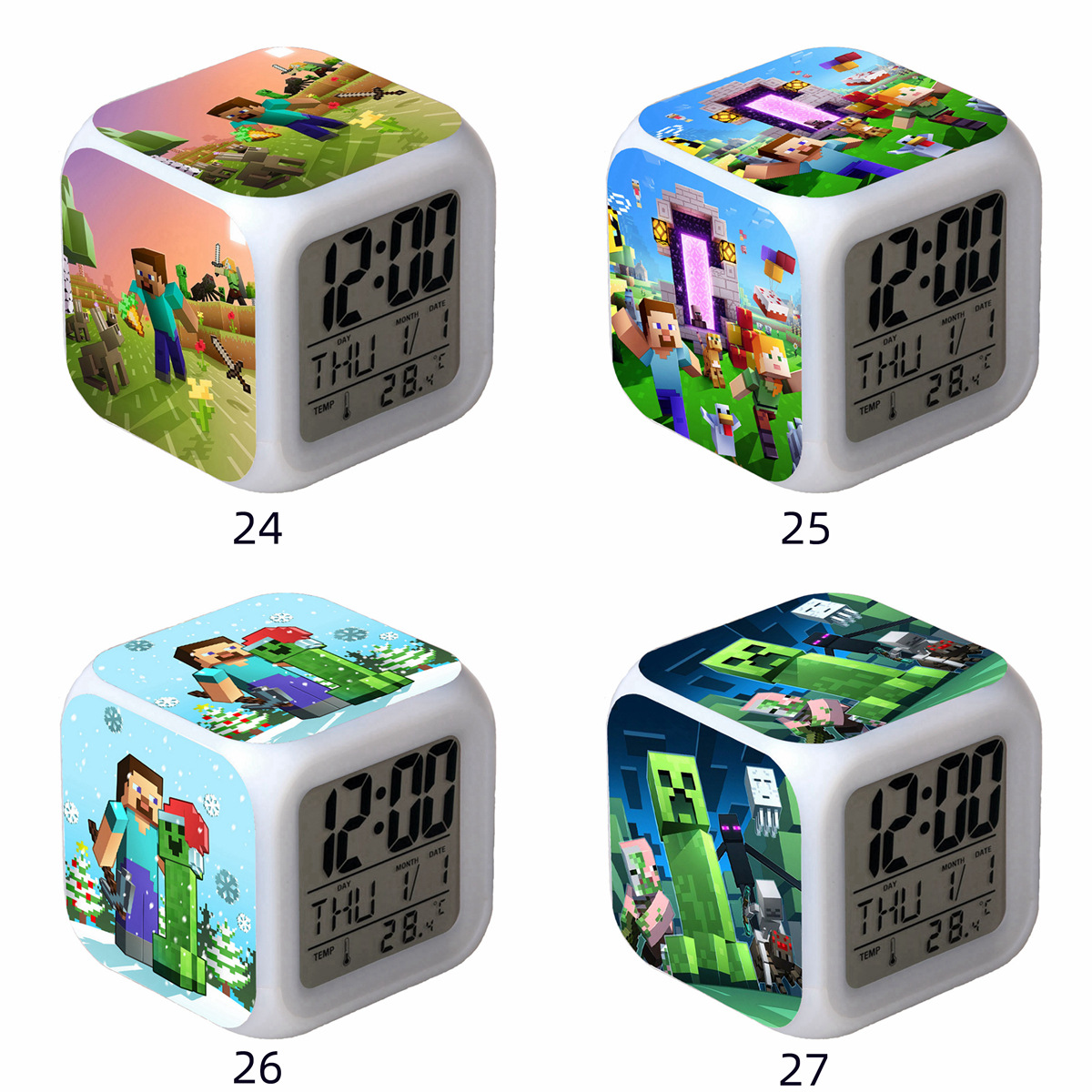 mc 我的世界七彩闹钟led变色灯光 动漫卡通时钟 学生静音夜光灯钟